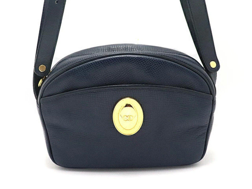 Christian Dior Oval Plate Shoulder Bag Navy Blue Leather